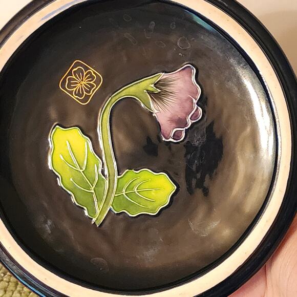 J. McCall Blue Sky 2004 Pansy Floral Covered Dish Footed Bowl 5x4 Handpainted - Picture 6 of 15